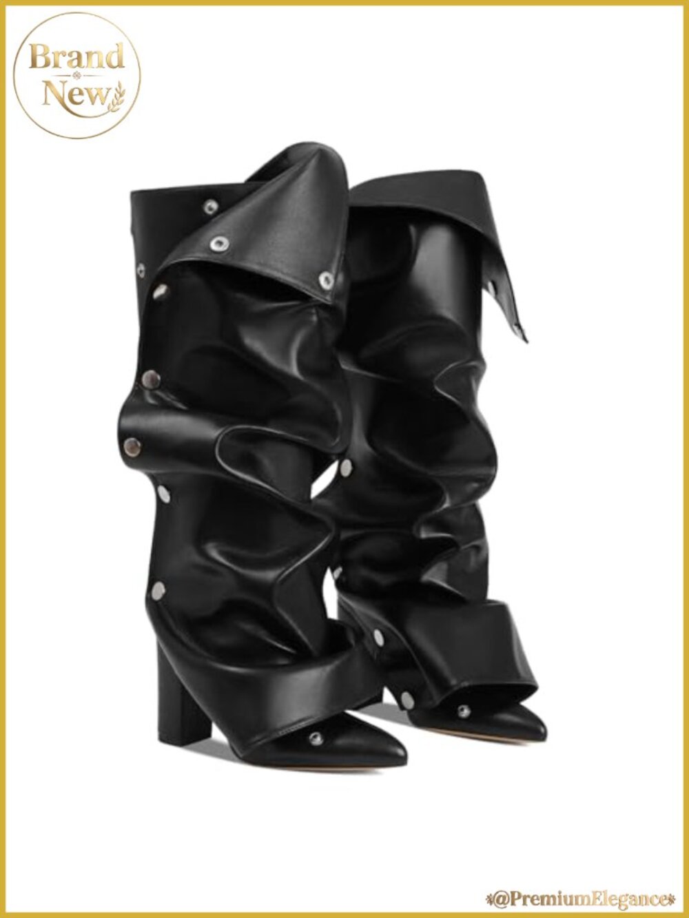 Fold Over Knee High Boots Pointed Toe Block Heel Zip